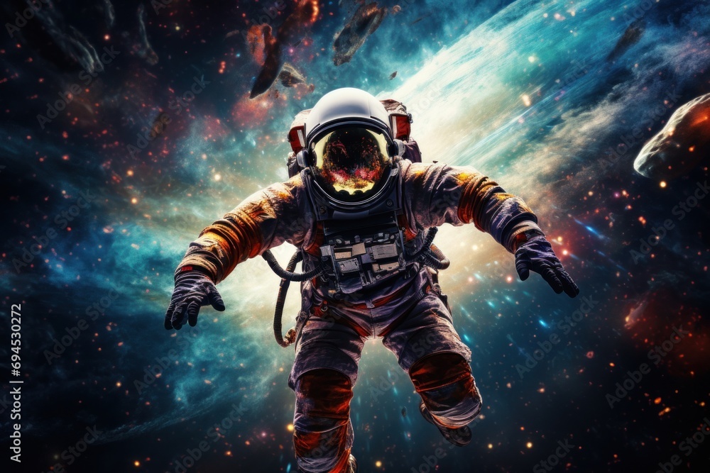 Wall mural vibrant astronaut in space, surrounded by cosmic wonders, offering ample copy space for text