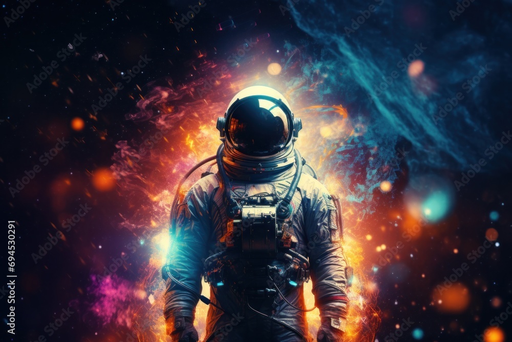Wall mural vibrant astronaut in space, surrounded by cosmic wonders, offering ample copy space for text