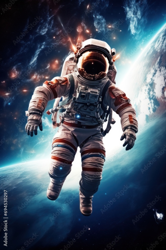 Wall mural vibrant astronaut in space, surrounded by cosmic wonders, offering ample copy space for text