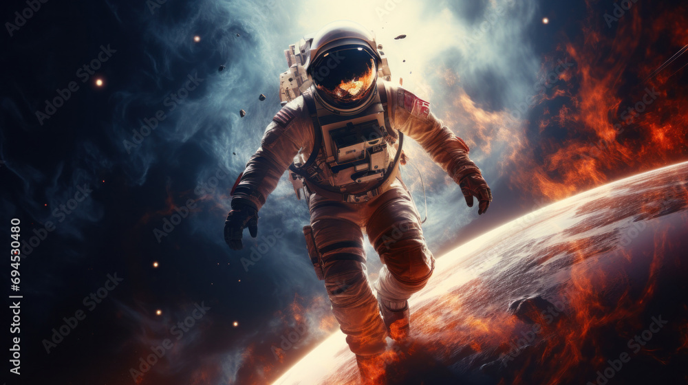 Wall mural vibrant astronaut in space, surrounded by cosmic wonders, offering ample copy space for text
