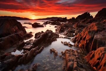 Fototapeta premium Sunset Over Rocky Seashore with Dramatic Sky