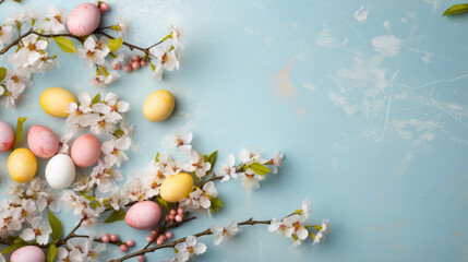 Obraz na płótnie Canvas Flat lay of pastel-colored Easter eggs interspersed with blossoming branches on a light blue background