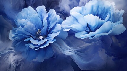  a close up of two blue flowers on a black and white background with a blurry image in the background.