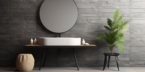 Simple and aesthetically pleasing bathroom design with gray stone tiles, black furniture, eucalyptus in a glass vase, and a round mirror.