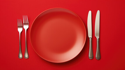 Red heart on a white plate with a fork and knife on the side, set against a vibrant red background, symbolizing a romantic dining concept.