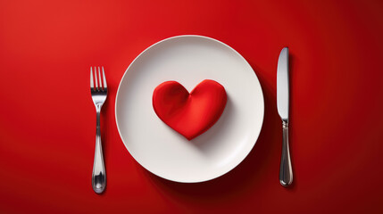 Red heart on a white plate with a fork and knife on the side, set against a vibrant red background, symbolizing a romantic dining concept.