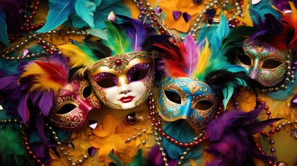 A vivid carnival background filled with lively colors, masks, and festive flair - obrazy, fototapety, plakaty