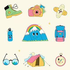 Camping, hiking  equipment set, vector flat illustration