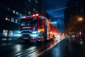 A fire truck with blue and red lights on is driving at high speed through the city at night.