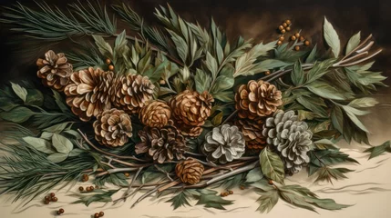 Fotobehang  a painting of a bunch of pine cones and pine needles on a branch with leaves and berries on the branch. © Anna