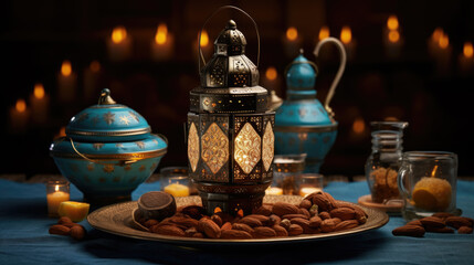 Traditional ornate lantern with a lit candle inside is placed on a wooden surface against the blurred backdrop. Ramadan celebration.