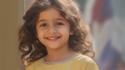 portrait of a smiling child. cute little girl with brown hair giving a beautiful smile looking straight into the camera.