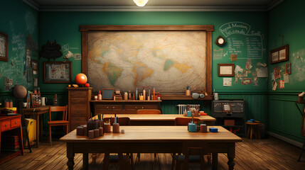 Geography Classroom With A World Map Attached To A Chalkboard