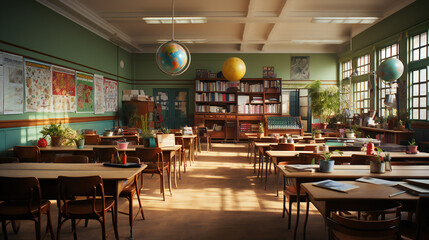 Interior Of A School Class With Posters, Earth Globes, Desks and Book Shelves