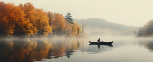 person in canoe floating in a lake with autumnal scenery - obrazy, fototapety, plakaty