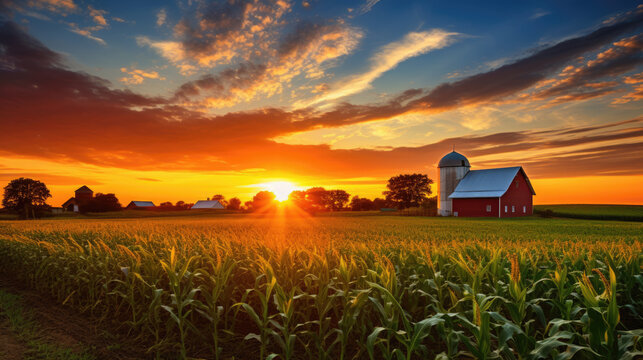 Cornfield with a traditional barn in the background