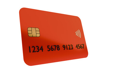 Red Contactless Credit Card with Chip and Embossed Numbers. 3D renedr.
