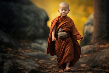 Contemplative Little asian monk. Kids thai culture. Generate Ai