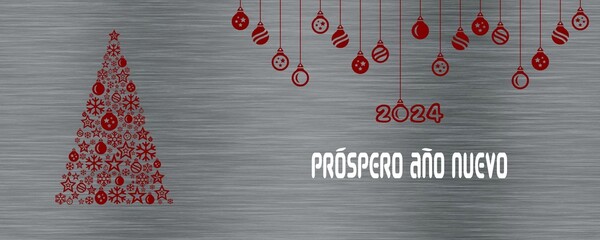 Silver and red wish card new year 2024 written in spanish in white with a christmas tree with balls and snowflakes, and balls	
