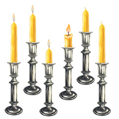 Watercolor yellow vertical short and long candles with flame in silver candlesticks for Christmas, Candlemas, wedding, birthday, Easter, magic, memorial day, spa, relaxion, holiday