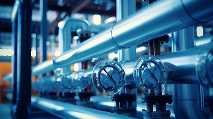 Pipelines in a gas compression station. Pipeline valves in an oil and gas processing plant. - obrazy, fototapety, plakaty
