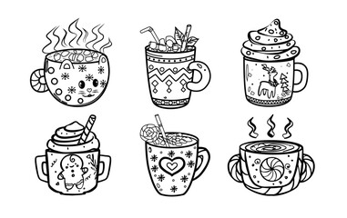 vector set of cups with Christmas and New Year decorations on white isolated background