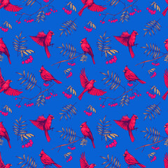 Red cardinal and branches. Seamless pattern design. vector birds illustration