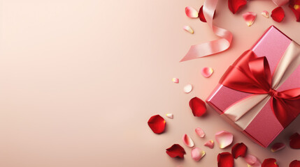 Gift box tied with a ribbon, surrounded by small hearts and a bokeh light effect on a pink background, suggesting a romantic occasion like Valentine's Day.
