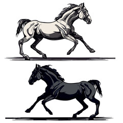 Vector quick messy illustration: running horse in technical pen style