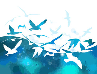 Seagulls in the sea background. hand drawing. Not AI. Summer vector illustration