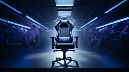 Computer gaming chair. Armchair for gaming entertainment. E-sport, esports chair, background in blue tones