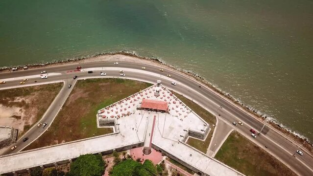Cartagena, Colombia. Drone Shot of Baluarte de Santo Domingo in The old town of Cartagena. Aerial shot of the beautiful Cartagena city. High quality 4k footage. Bastion of Santo Domingo.