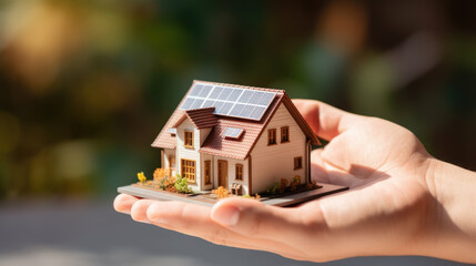 Person carefully holding a small, detailed model of a residential house in hands