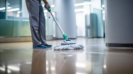 Fotobehang Lower body of a person in green scrubs and white shoes mopping a shiny hospital floor © MP Studio