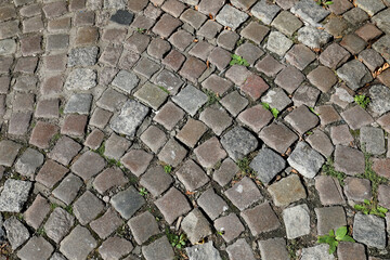 Road or pavement surface, small stone blocks