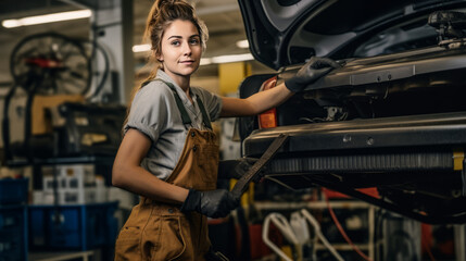 Obraz na płótnie Canvas A beautiful young car mechanic girl in the workshop at work.
