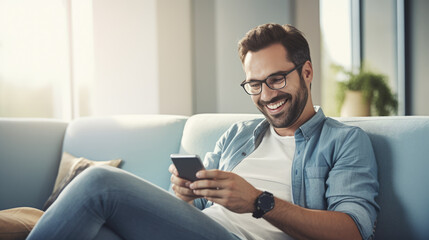 Smiling man sits on the sofa at home and holding his smartphone in his hands
