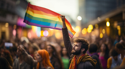 A Woman Raised A Rainbow Flag From The Crowd Of People At Pride Parade - obrazy, fototapety, plakaty