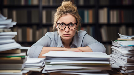 Woman looking overwhelmed and stressed while sitting at a desk piled high with stacks of paperwork, in a busy office setting.