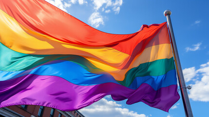 A Big  Rainbow Flag Waving In The Street - obrazy, fototapety, plakaty
