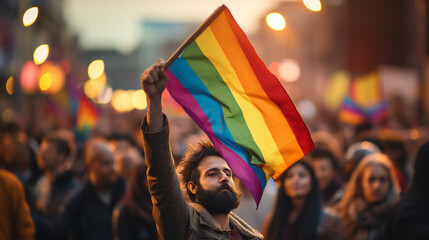 A Man Raising The LGBTQ Flag on A Pride Parade Standing in A Crowd Of People - obrazy, fototapety, plakaty