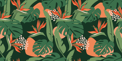 Obrazy  Seamless pattern with abstract tropical floral print of palm leaves, monstera, strelitzia flowers. Vector graphics.