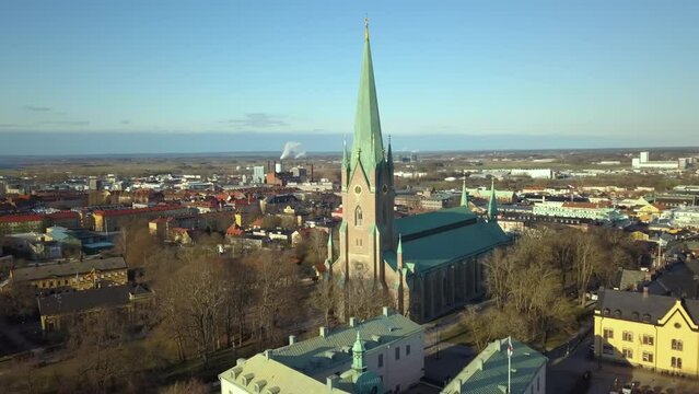 Aerial view of old historical Linkoping city in Sweden. European architecture in Scandinavian town