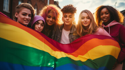 Teenagers Are Holding A Rainbow Flag To Support an LGBTQ Community