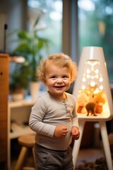 A joyful toddler stands in front of a glowing lamp, their smile illuminating the room as they stand confidently on a tripod chair amidst the furniture