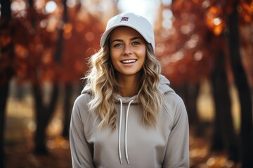 A girl embraces the crispness of autumn, her face adorned with a gentle smile, as she stands amongst the trees, donning a stylish white hat and hoodie - obrazy, fototapety, plakaty