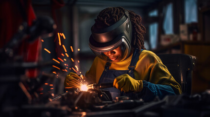 A beautiful young welder woman at work. Gender equality.