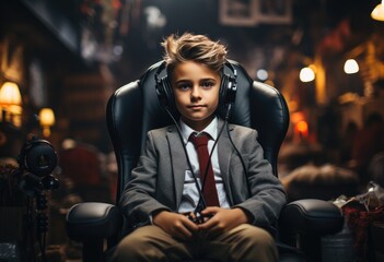 Portrait of a boy gamer with headphones in a dark room