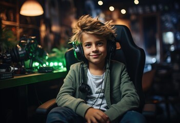 Fototapeta premium Portrait of a boy gamer with headphones in a dark room