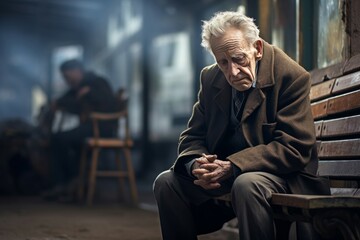 Lonely elderly man. Negative home alone senior male. Generate Ai - obrazy, fototapety, plakaty